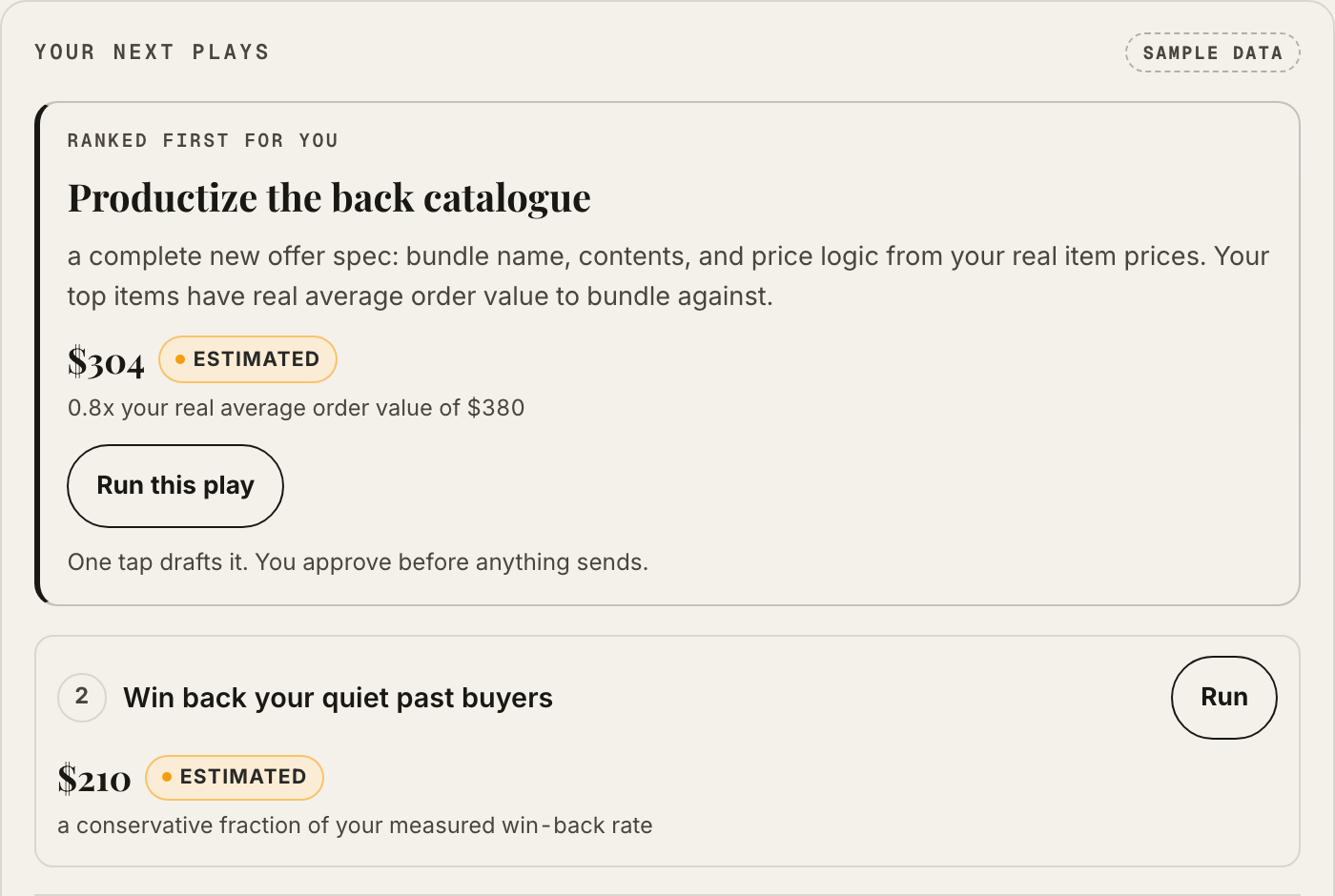 The Cerqular plays surface: ranked first for you, Productize the back catalogue, a complete new offer spec built from your real item prices, worth an Estimated $304, with a Run this play button. Labelled Sample data.